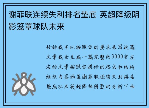 谢菲联连续失利排名垫底 英超降级阴影笼罩球队未来
